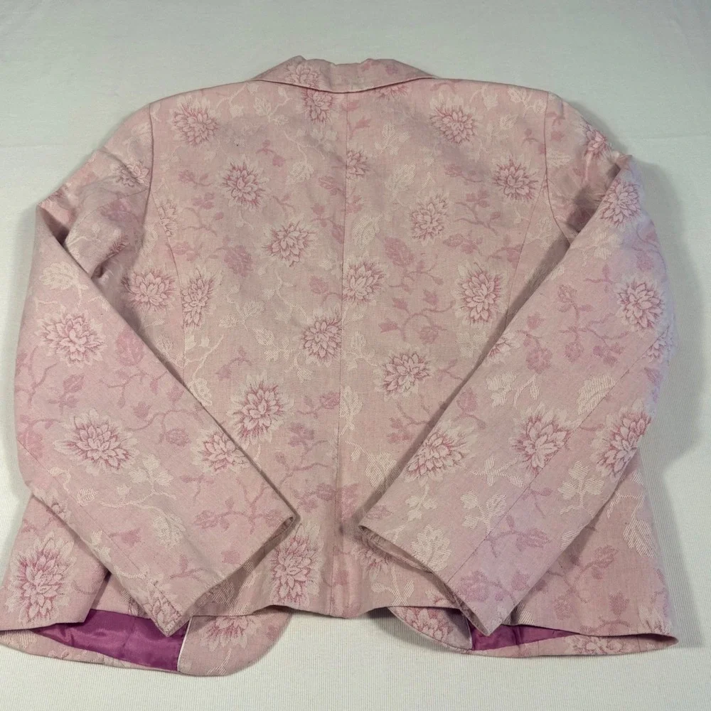 Ann Taylor Petites‎ 8P Pink Floral Jacquard Brocade Linen blend Blazer Easter